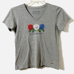 Life Is Good Gray Tee with Red White & Blue Floral Design America the Beautiful